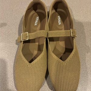 Tan Knit Flats with Buckle Closure